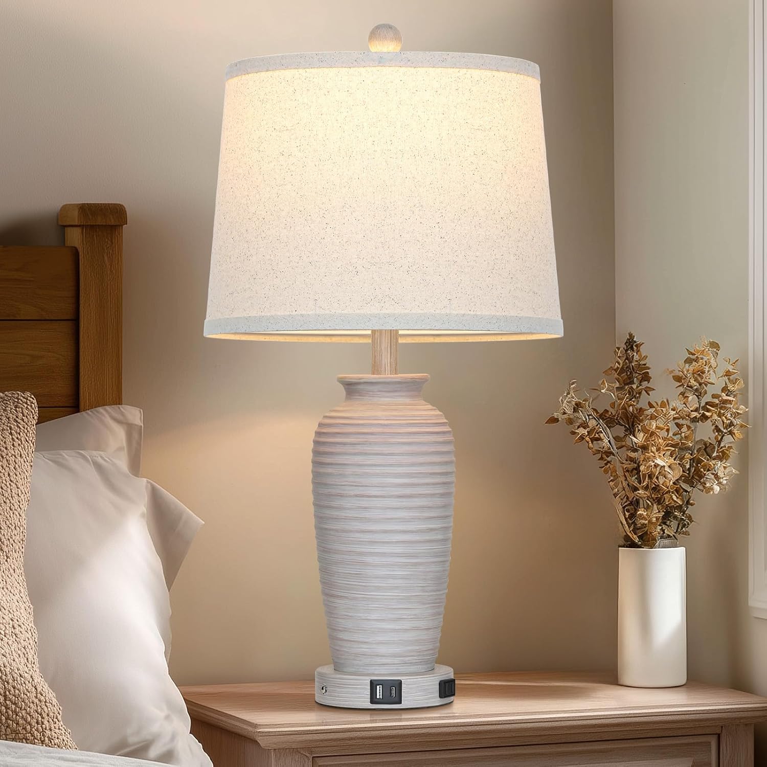 CINSARY 25" Vintage Farmhouse Jar Table Lamps, Single Rustic Bedside Lamp with USB A+C Ports & AC Outlet, Nightstand Lamps for Living…