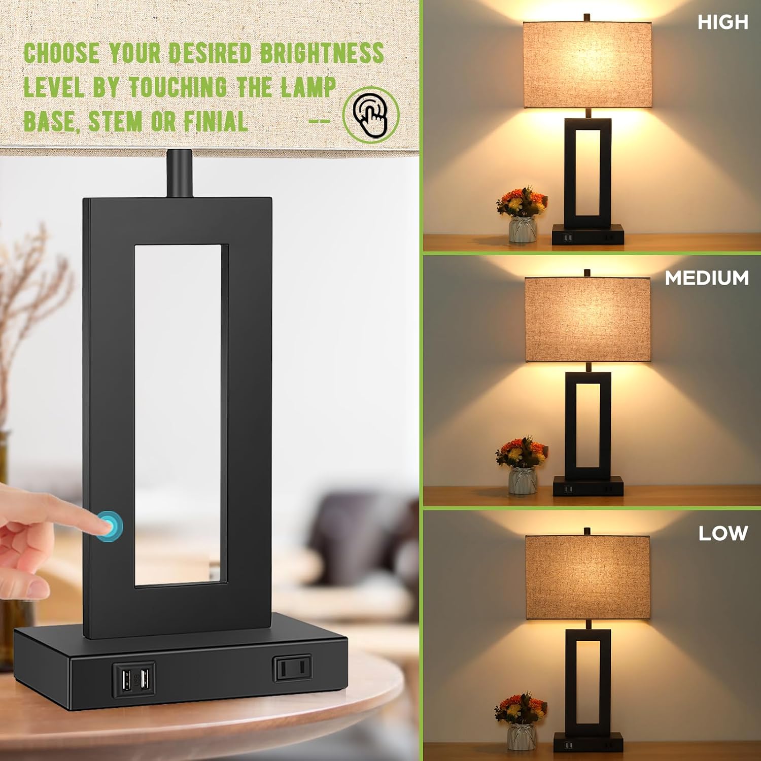 Tobusa 28’’ Tall Lamps for Living Rooms Set of 2, Modern Black Touch Control Table Lamps for Bedroom, 3 Way Dimmable Bedside Lamps with 2 U…