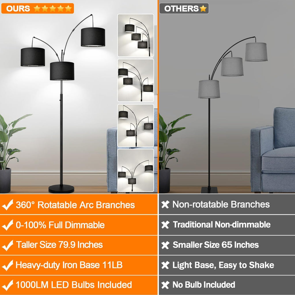Dimmable Floor Lamp - 3 Lights Arc Floor Lamps for Living Room, 1000LM Modern Tall Standing Lamp With Black Shades & Heavy Base, Mid…