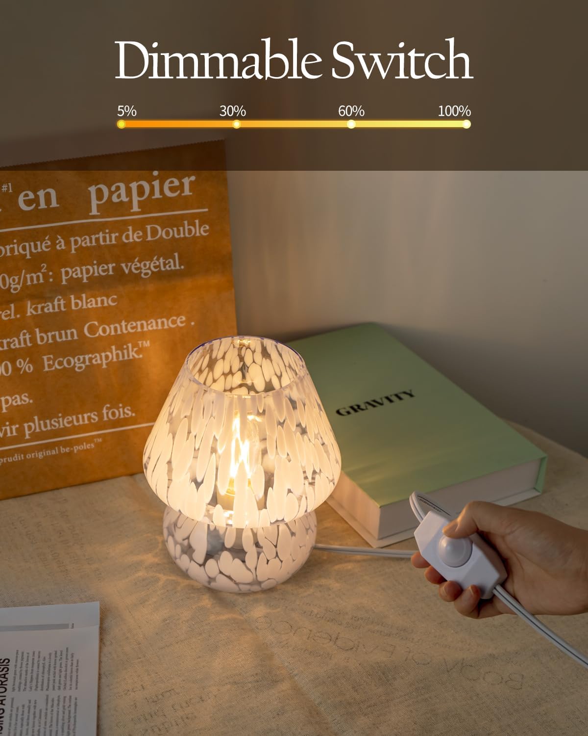 ONEWISH Mushroom Lamp Small Bedside Table Lamp-Nightstand Nightlight Dimmable Stepless, Translucent Glass Desk Lamp for Bedroom Dorm…