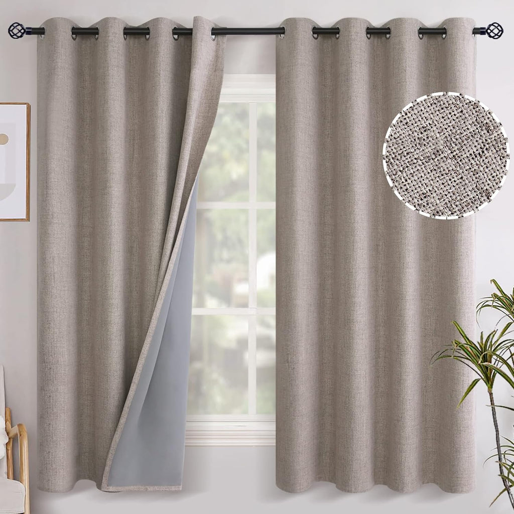 YoungsTex Burlap Tan Linen Blackout Curtains 63 Inches Length for Bedroom, Taupe Thermal Insulated Drapes with Grommet Room Darkening for F…
