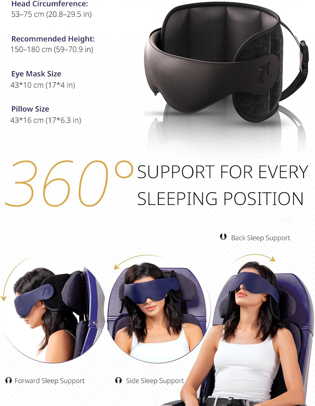 Bonairest Travel Pillow, Airplane Neck Pillow with 3D Eye Mask for Sleeping, Round Edge Plane Head Strap 360°Headrest Support for Long Flig…