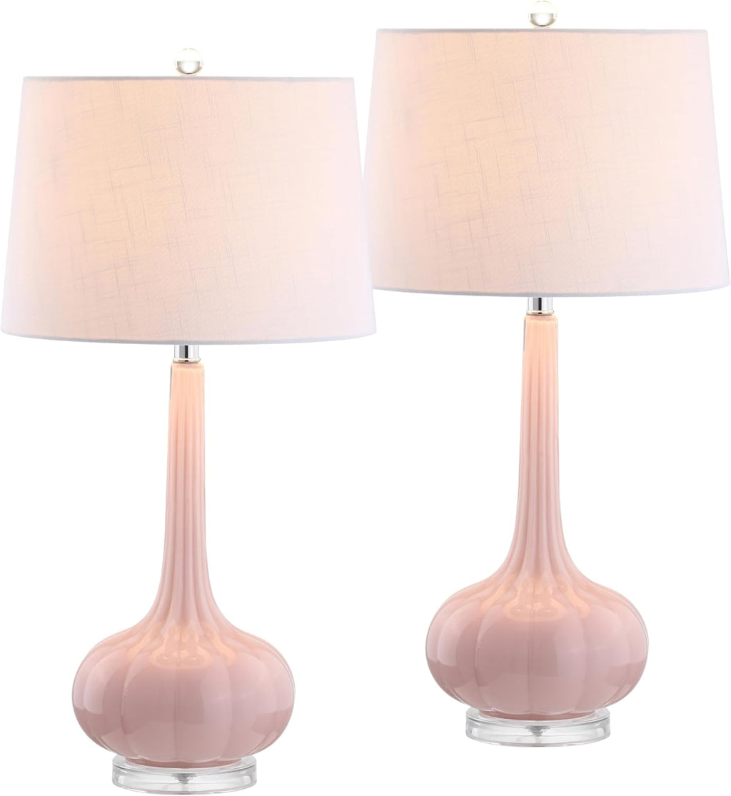 JONATHAN Y 28.5" Pink Glass Teardrop LED Table Lamp Set of 2 for Living Room Bedroom Nightstand, White Linen Shade Modern Transitional…