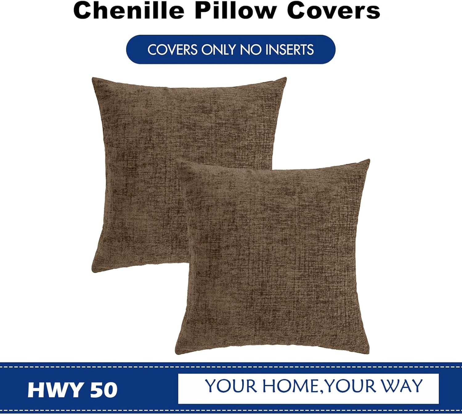 Hwy50 HWY 50 Coffee Couch Pillow Covers 20x20 Inch Pack of 2, Soft Chenille Decorative Throw Pillow Cases Farmhouse for Sofa Living Room Be…