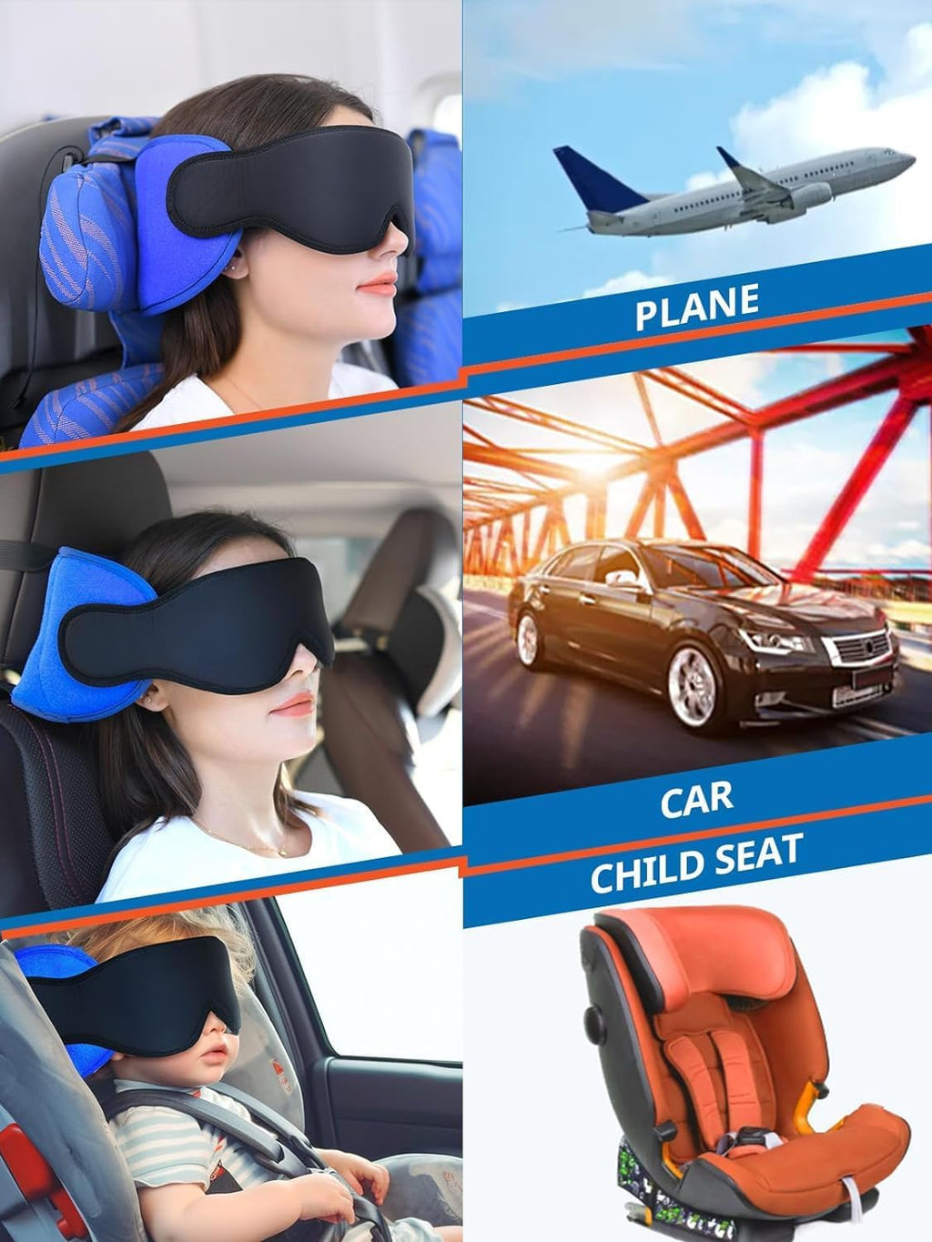 SARISUN Travel Pillows for Airplanes, Airplane Pillow with 3D Eye Mask for Sleeping, 360° Support Head Strap for Long Flights, Car, Road…
