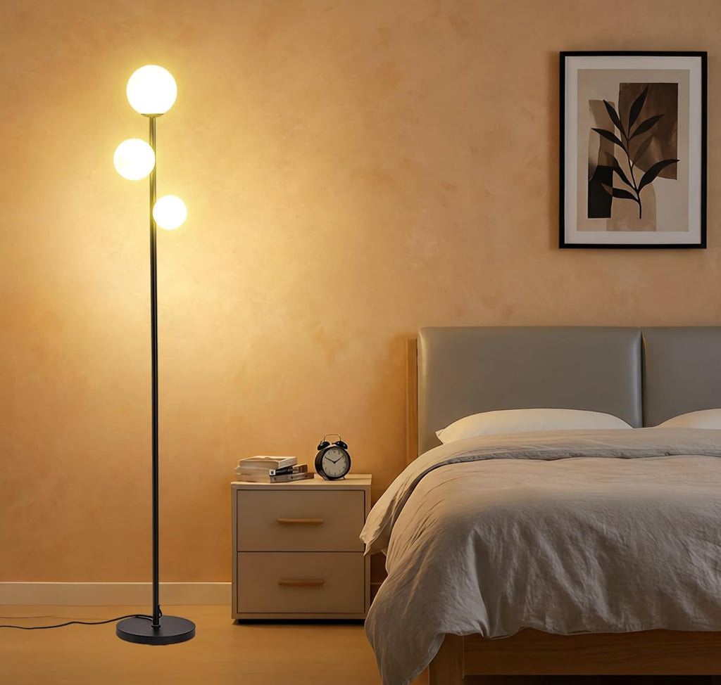 Fiqevs 3 Globe Mid Century Modern Floor Lamp, 3 x 800LM LED Bulbs Included, Matt Black Standing Lamp with Sphere Frosted Glass Shade…