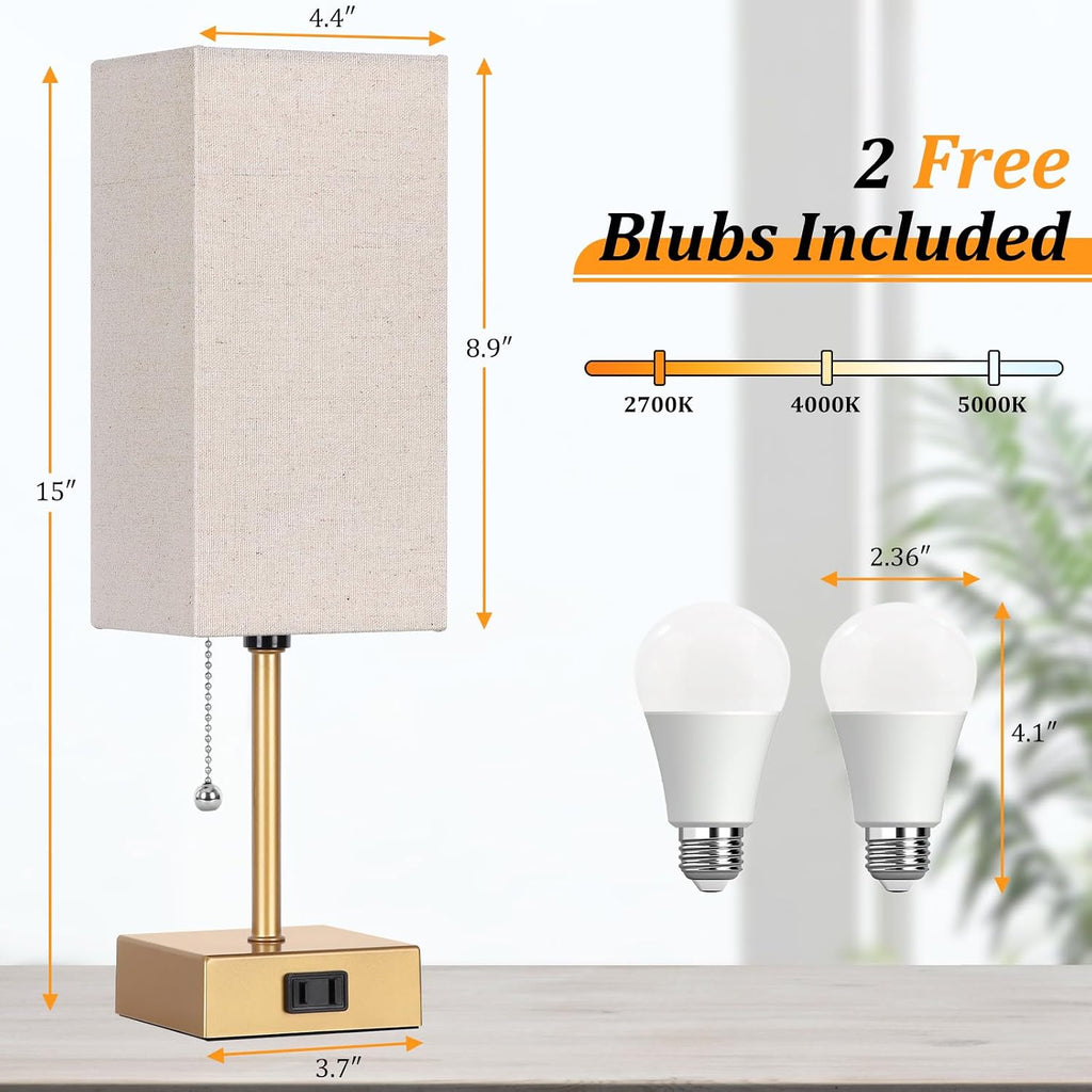 Table Lamp for Bedroom set of 2,3-Color Bedside Lamps with Pull Chain Table Lamps for Nightstand with AC Outlets, Small Night Light Lamps…