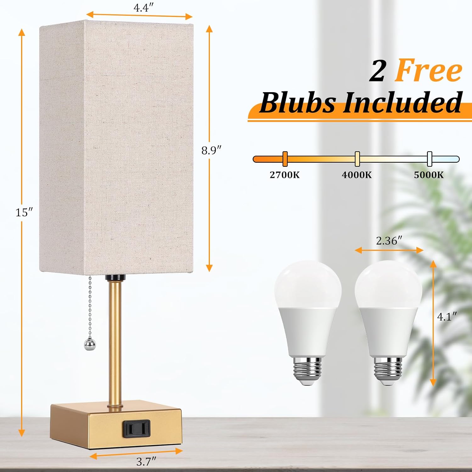 Table Lamp for Bedroom set of 2,3-Color Bedside Lamps with Pull Chain Table Lamps for Nightstand with AC Outlets, Small Night Light Lamps…