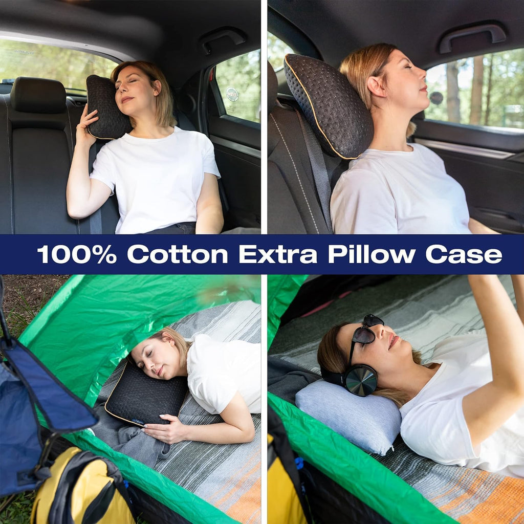 alkamto Travel & Camping Comfortable Memory Foam Pillow – Easy to Carry Portable Bag – Temperature Regulating Pillow Case (Black + Extra…