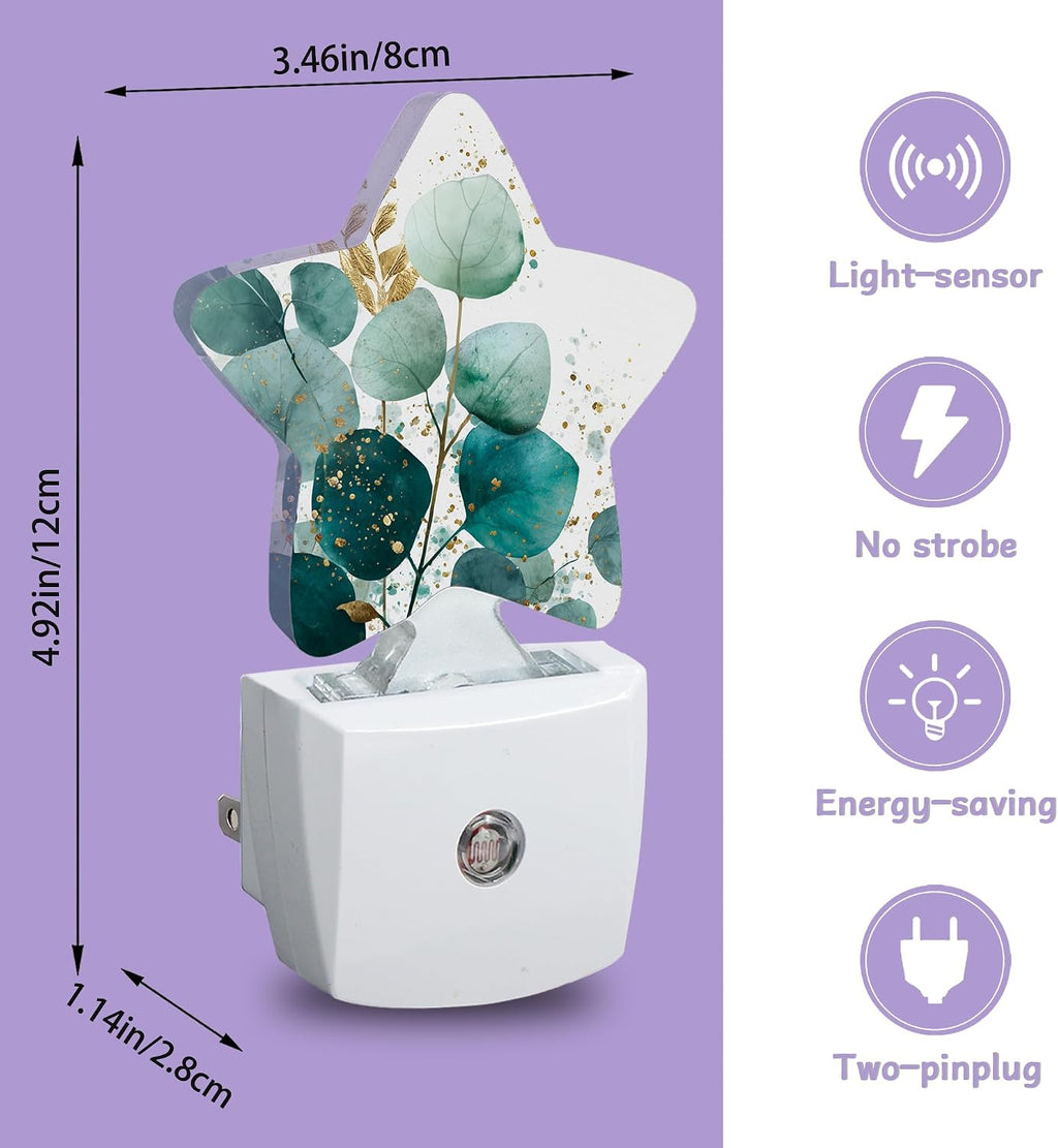 Eucalyptus Gree Night Lights Plug Into Wall Decorative, Gold Foil Nightlight with Dusk Sensor for Bathroom, Kitchen, Entryway, Room Accent, Gifts