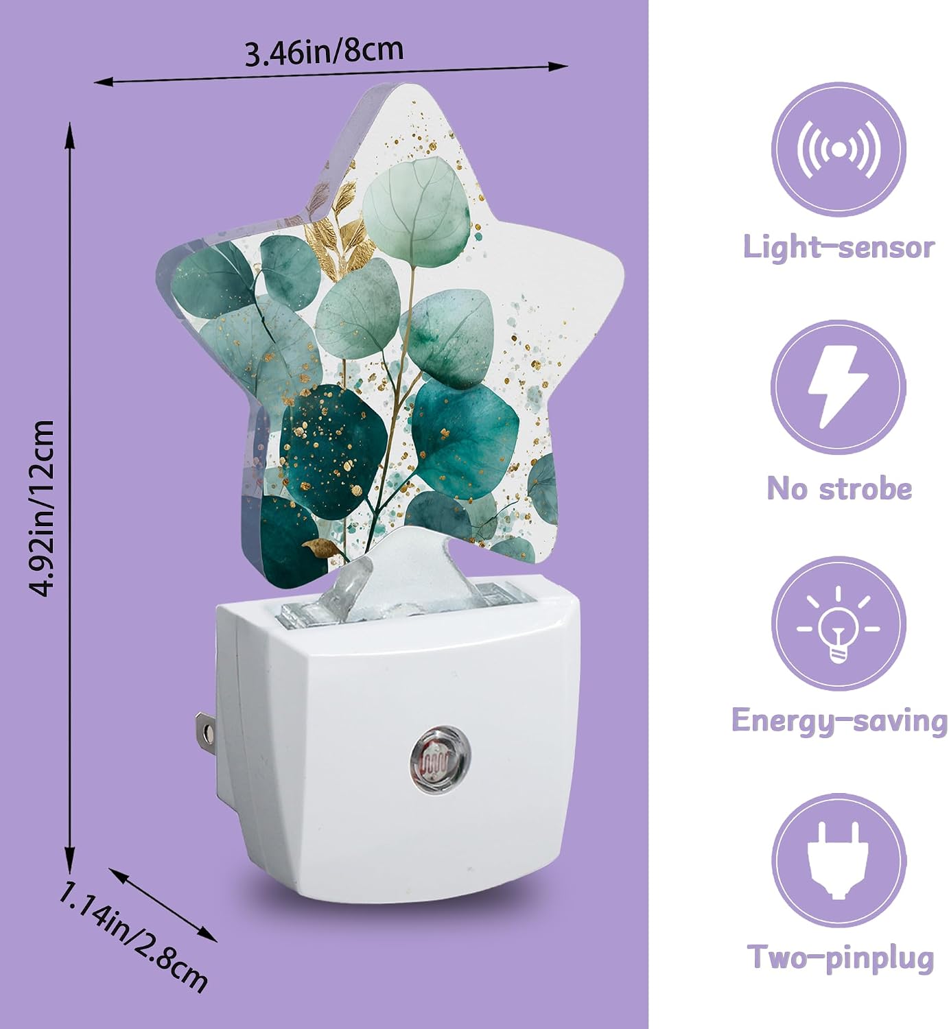Eucalyptus Gree Night Lights Plug Into Wall Decorative, Gold Foil Nightlight with Dusk Sensor for Bathroom, Kitchen, Entryway, Room Accent, Gifts
