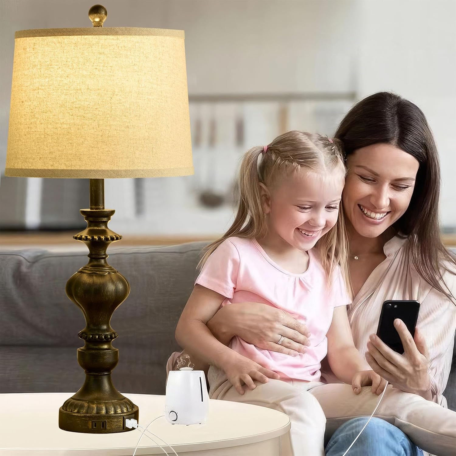 SAIWEYA 27.5" Farmhouse Table Lamps Set of 2 Bedside Lamp with USB C+A Ports & AC Outlet, 3 Way Dimmable Lamps for Bedroom Living Room…