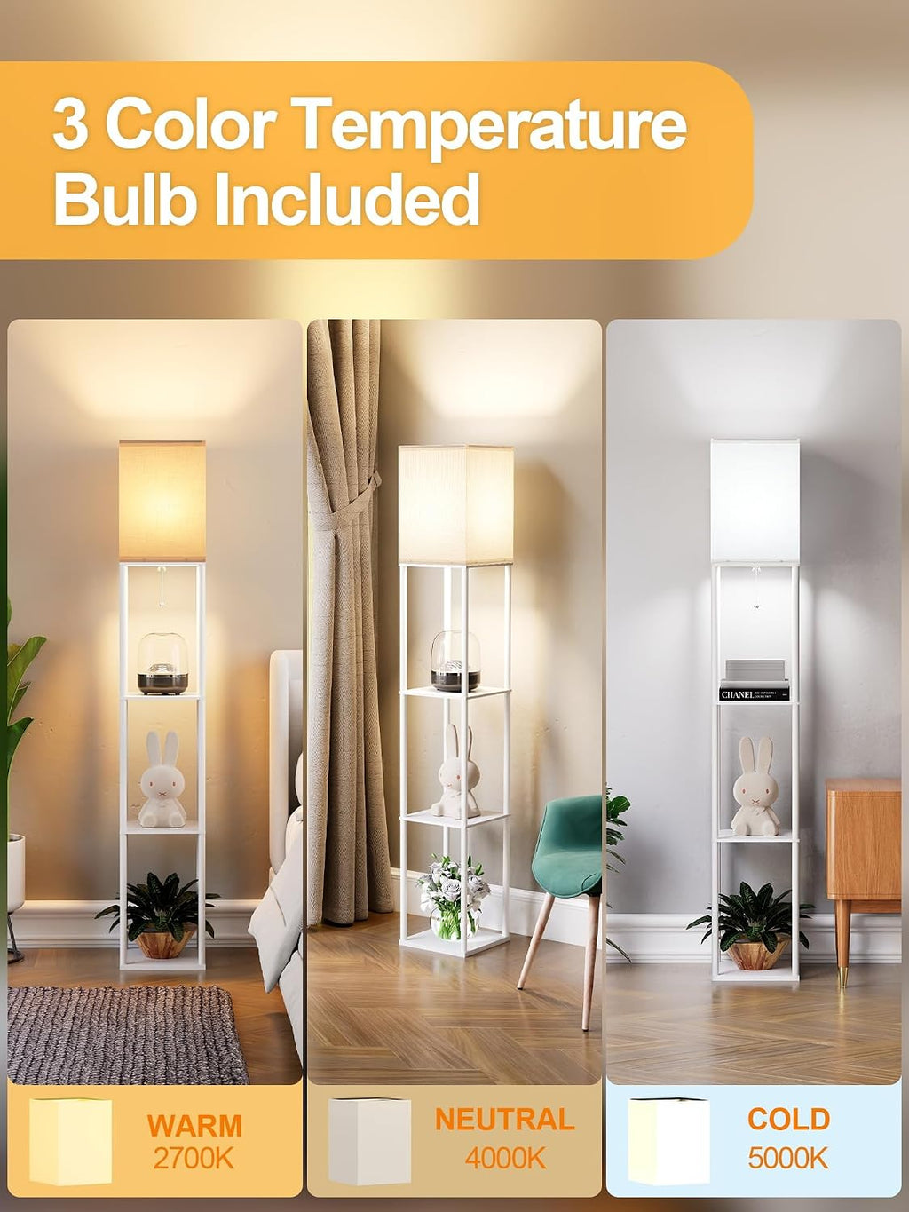 Floor Lamp with Shelves for Living Room 2 Pack, Shelf Floor Lamp with 3 CCT LED Bulb, Corner Display Standing Column Lamp Etagere…
