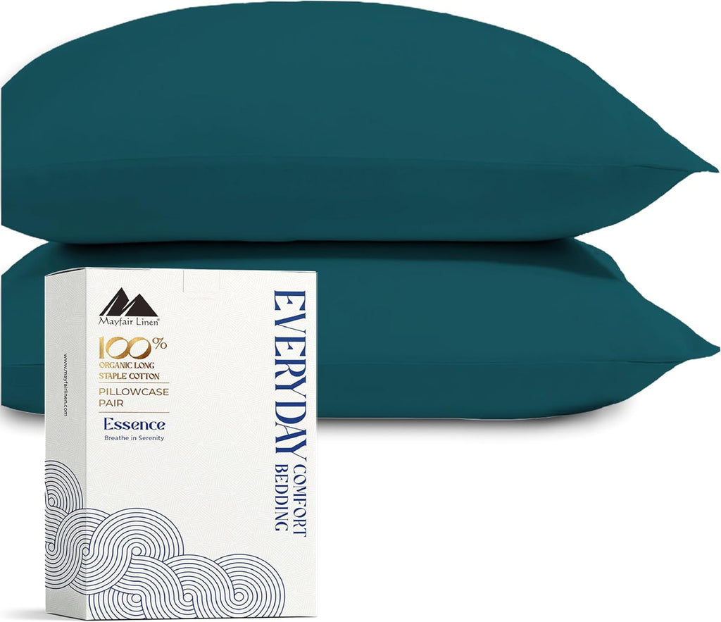 Mayfair Linen 100% Organic Cotton Percale Pillow Cases Queen/Standard Size Set of 2 - Percale Pillowcovers Standard/Queen (Teal), Soft…