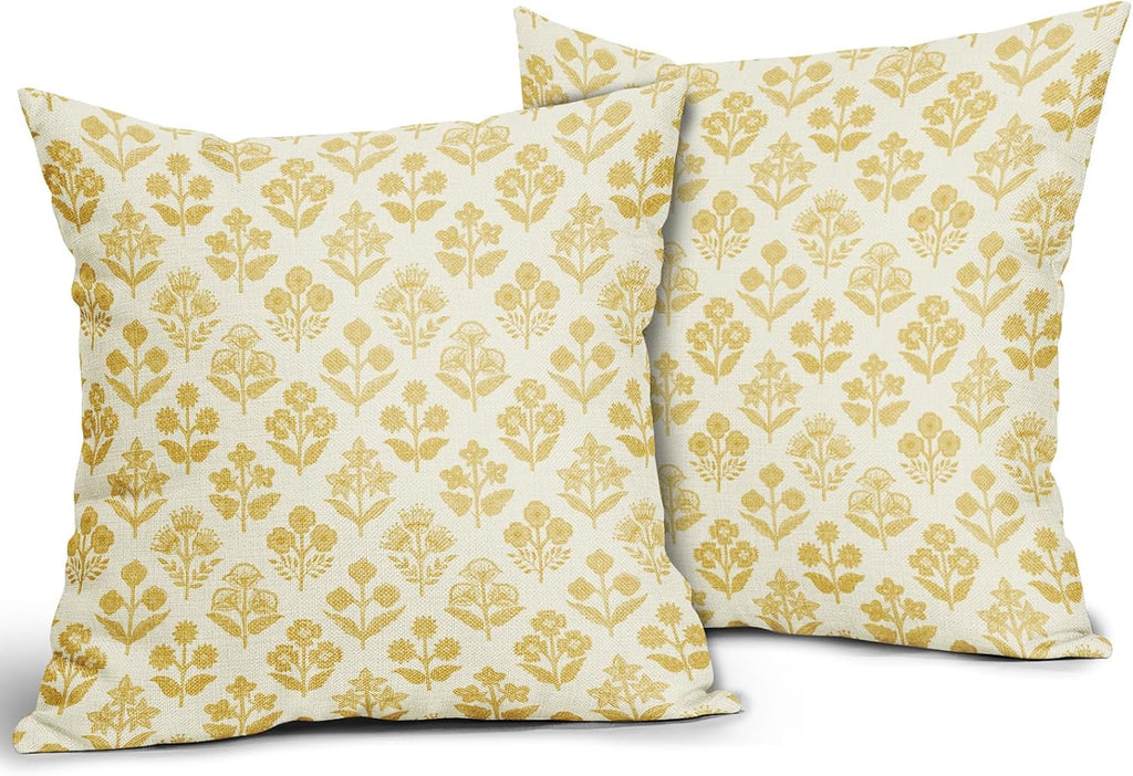 Yellow Floral Pillow Covers 20x20 Inch Set of 2, Vintage Flower Block Print Pattern Decorative Throw Pillowcases Outdoor Farmhouse…