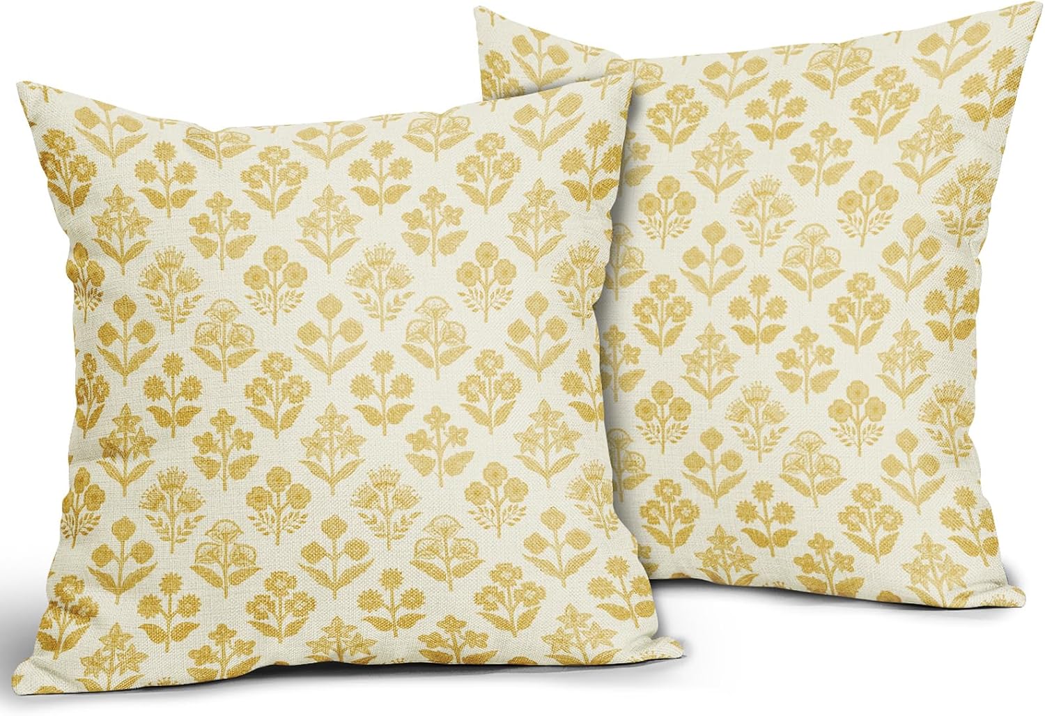 Yellow Floral Pillow Covers 18x18 Inch Set of 2, Vintage Flower Block Print Pattern Decorative Throw Pillowcases Outdoor Farmhouse…