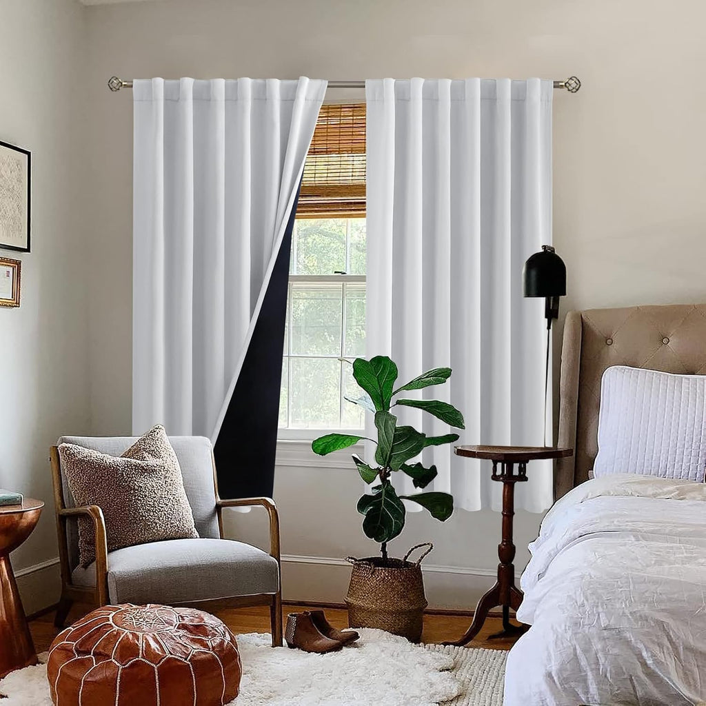 BGment Greyish White 100% Blackout Curtains 63 Inches Long with Noise-reducing Liner, Rod Pocket and Back Tab Double Layer Room Darkening…