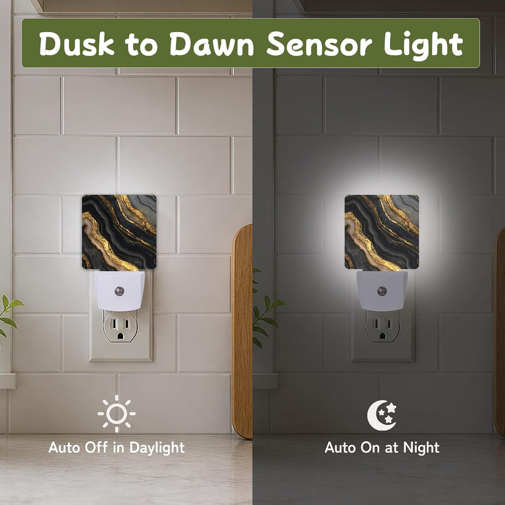 Black Gold Marble Night Lights Plug into Wall, Night Light with Dusk to Dawn Sensor for Bedroom Bathroom Kitchen Hallway Stairs…