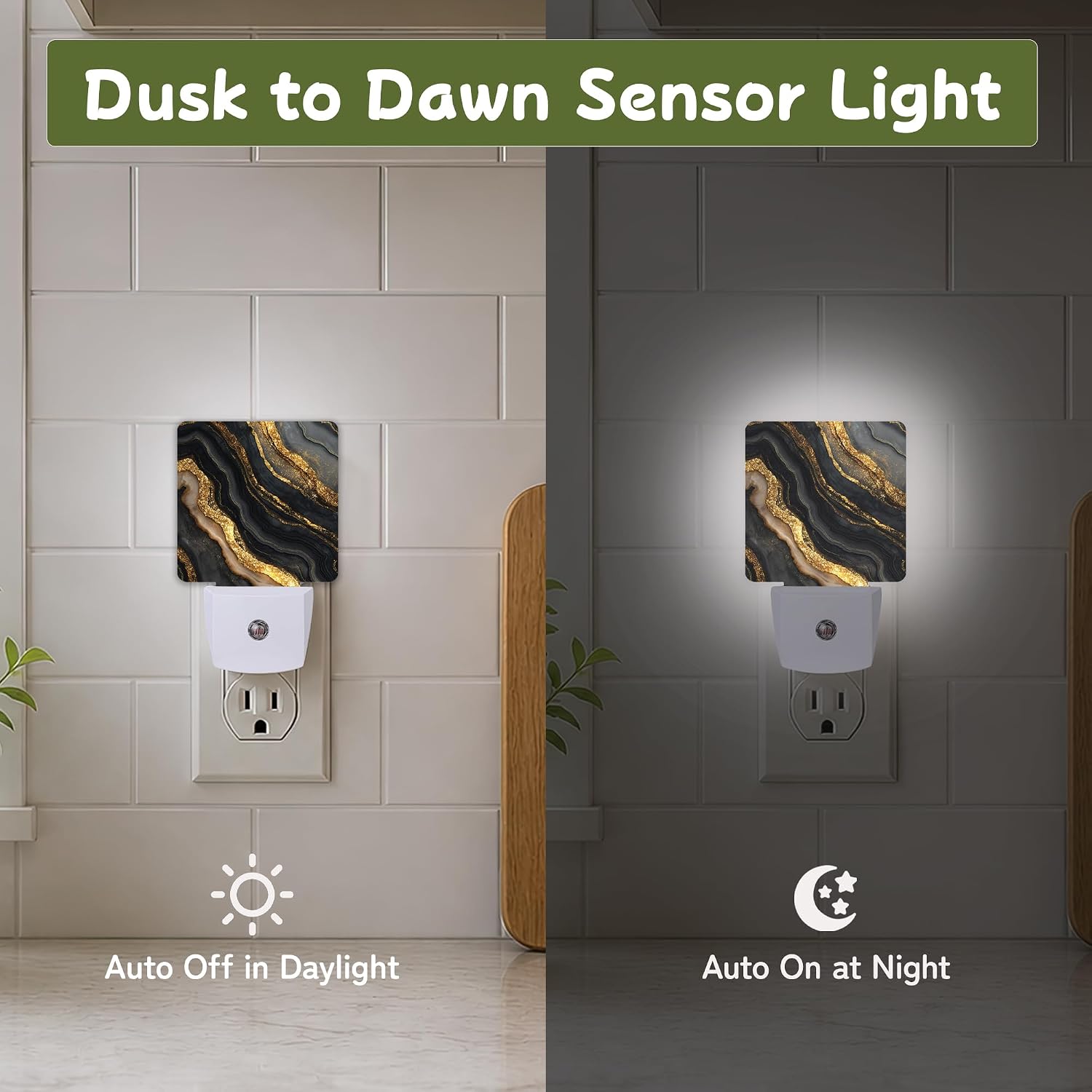 Black Gold Marble Night Lights Plug into Wall, Night Light with Dusk to Dawn Sensor for Bedroom Bathroom Kitchen Hallway Stairs…