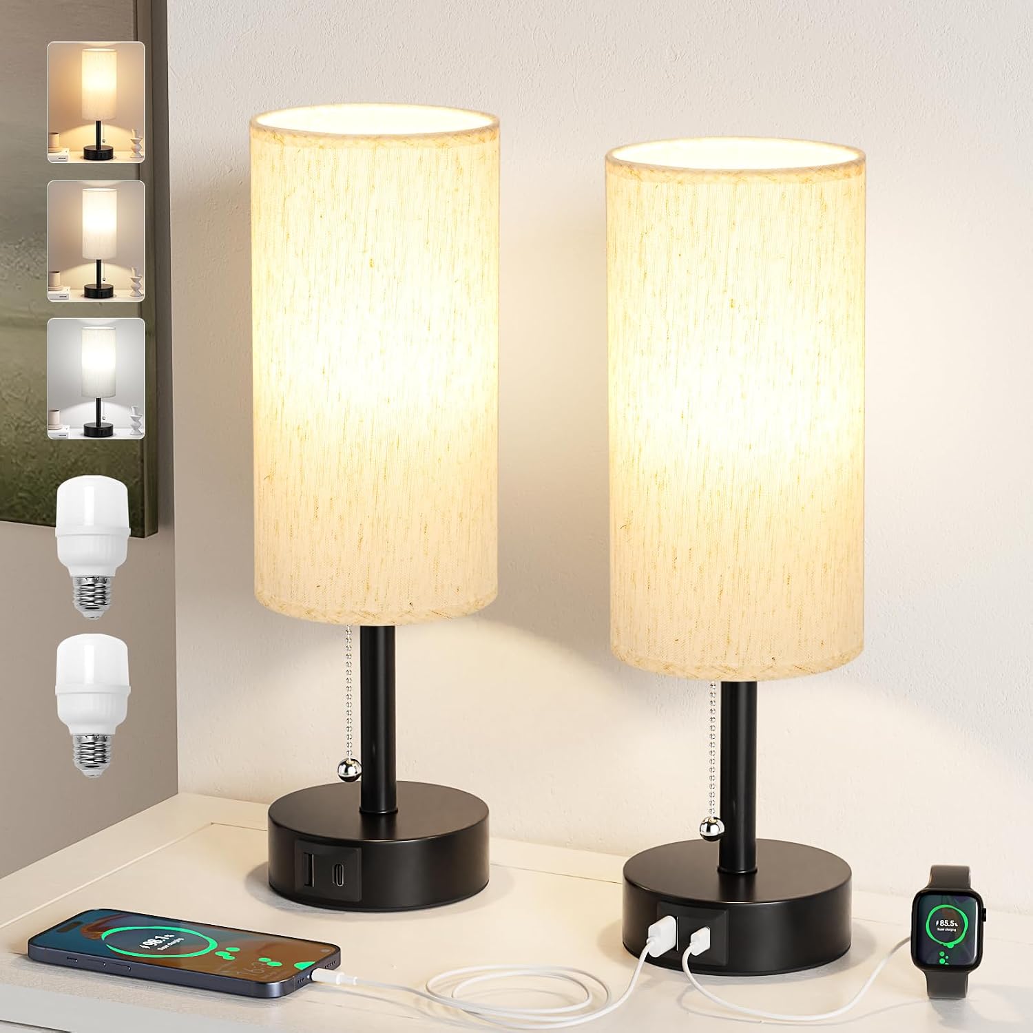 Fenmzee USB Bedside Table Lamps Set of 2-3 Color Temperatures Pull Chain Lamp with USB C and A Charging Ports, Round Night Stand Lamps…