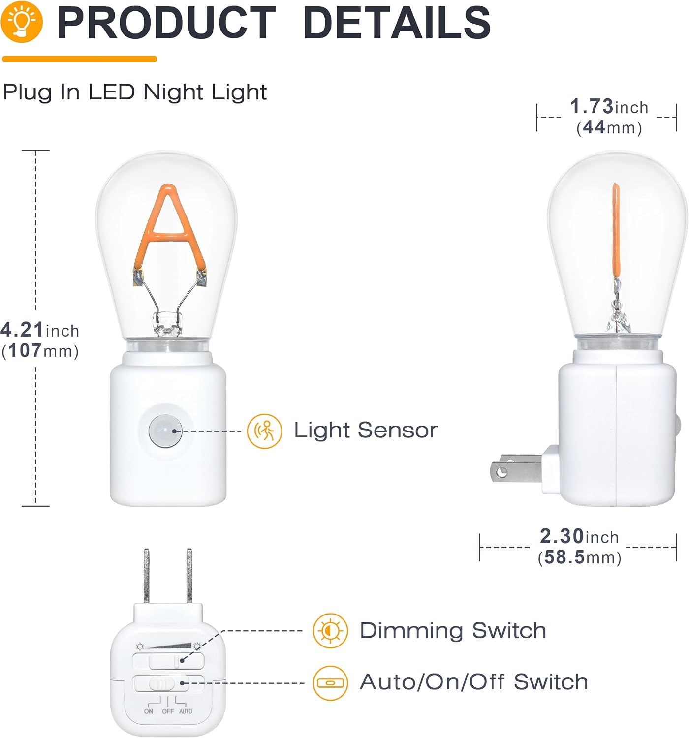 Plug-in LED Night Light with Motion Sensor, Dimmable 2200K Warm, A-Type Nightlight with Adjustable Brightness, 2-Pack