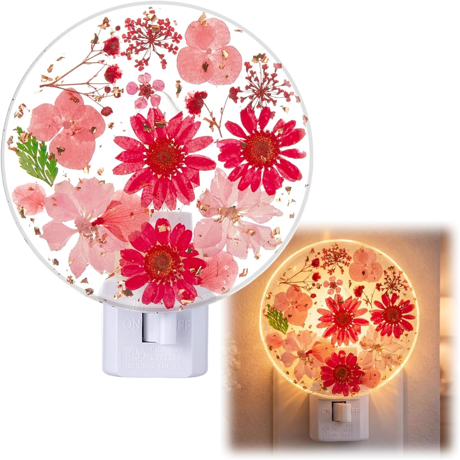 Glooglitter Pressed Flower Night Light Plug in - Handmade Dried Floral Wall Night Light, Soft Glow Decorative Nightlight for Hallway Bedroo…