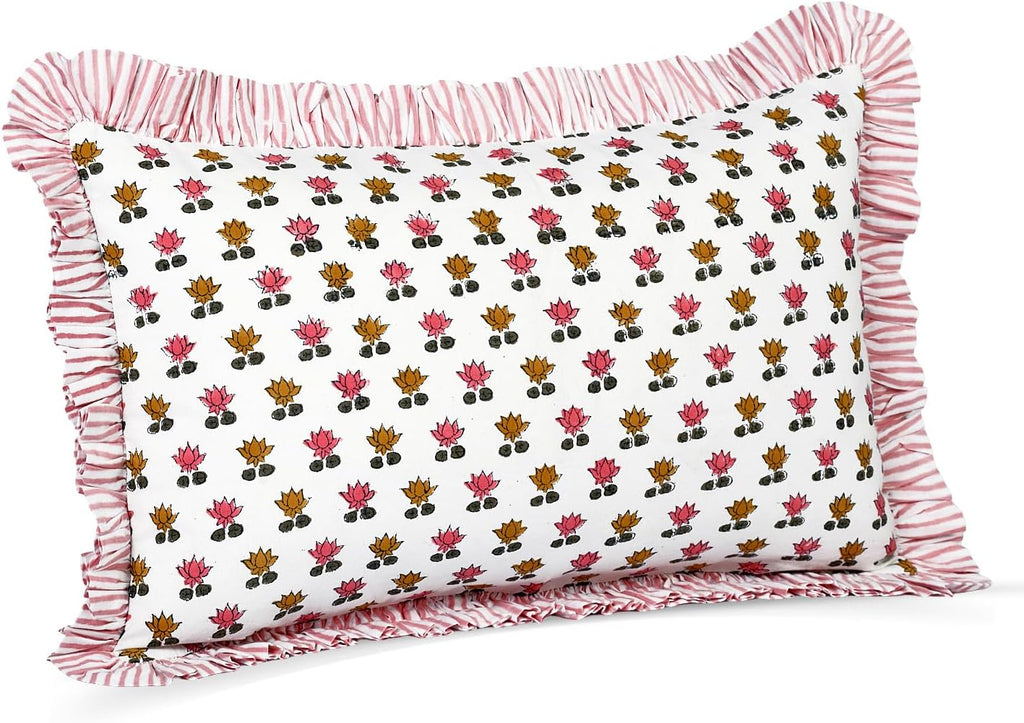 Cottonprintclub CPC Hand Block Print Rosette Bloom Ruffle Sham Pillow Cover 20" x 12" inch Hidden Zipper Decorative Pillowcase for Couch, B…