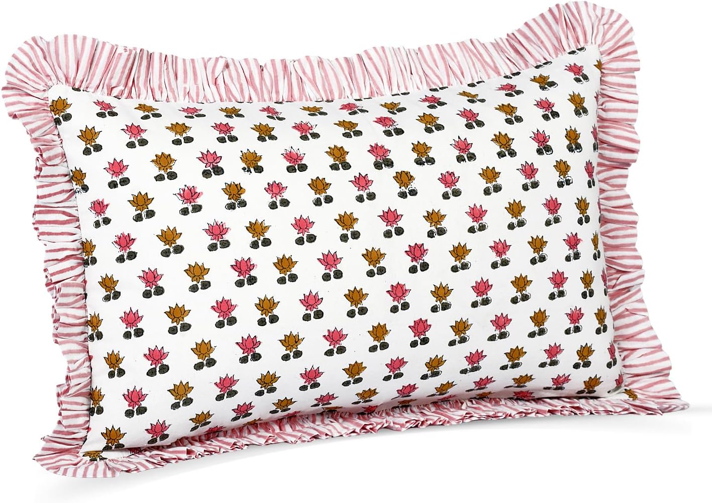 Cottonprintclub CPC Hand Block Print Rosette Bloom Ruffle Sham Pillow Cover 20" x 12" inch Hidden Zipper Decorative Pillowcase for Couch, B…