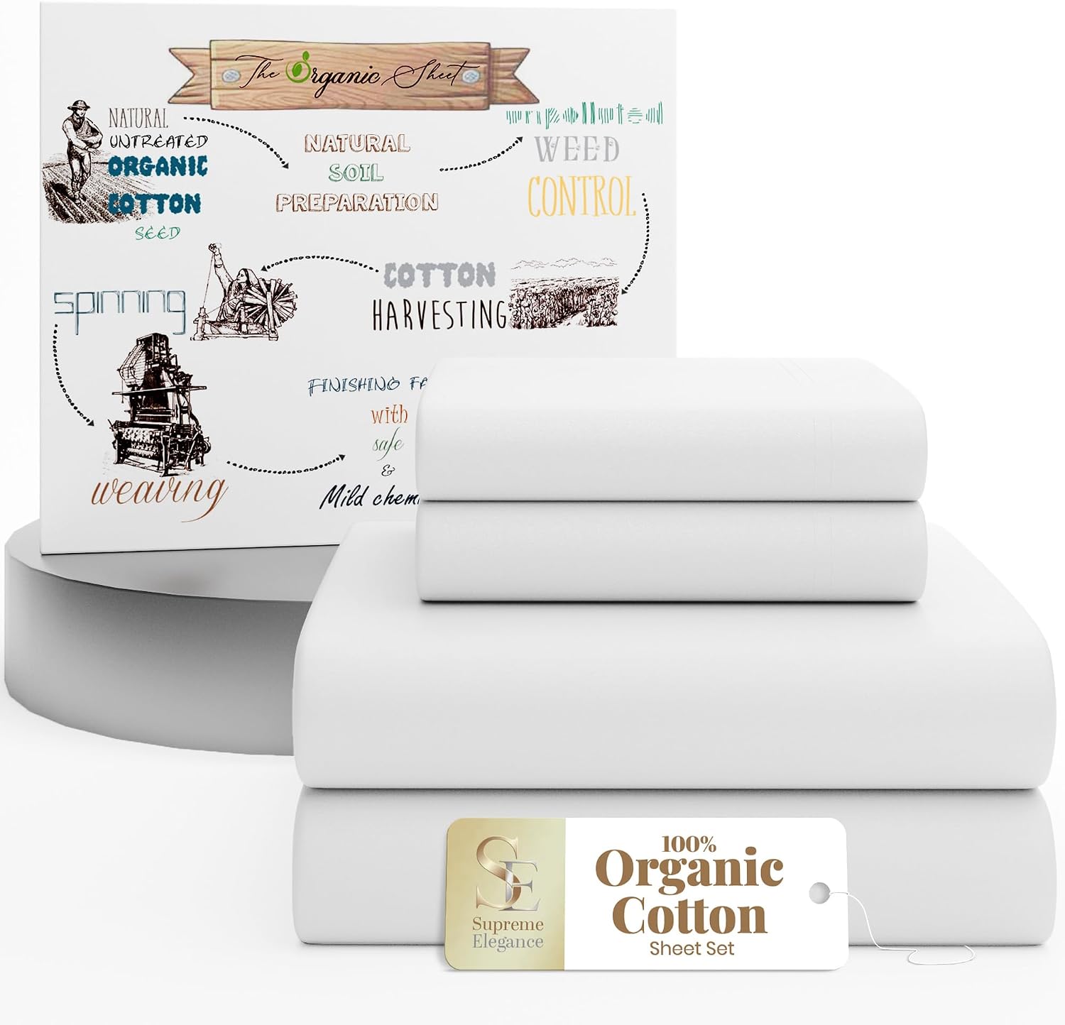 SupremeElegence SUPREME ELEGANCE 4Pc 100% Organic Cotton Queen Sheets Set, Snow White, Cooling Percale, Deep Pocket Fitted Sheet, Fits Matt…