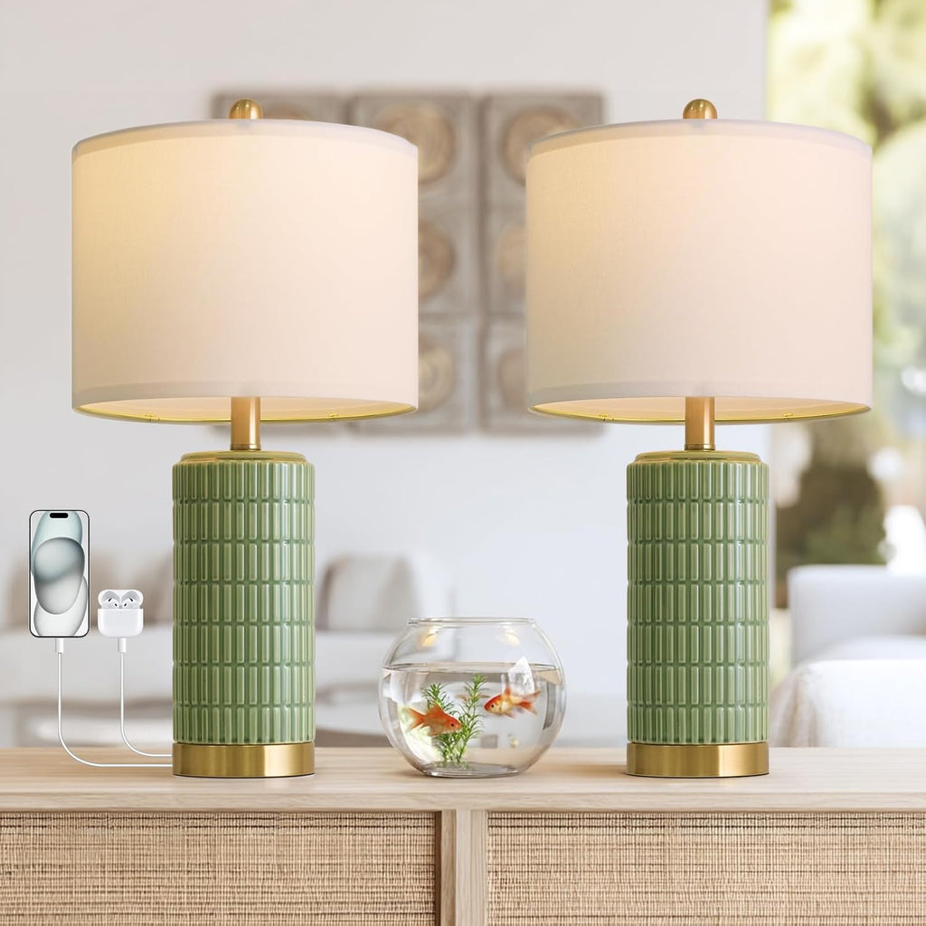 PoKat Bedside Table Lamps Set of 2 for Living Room with 2 USB Ports, 21.5'' Small Modern Nightstand Lamps for Bedroom, Ceramic Side Table…