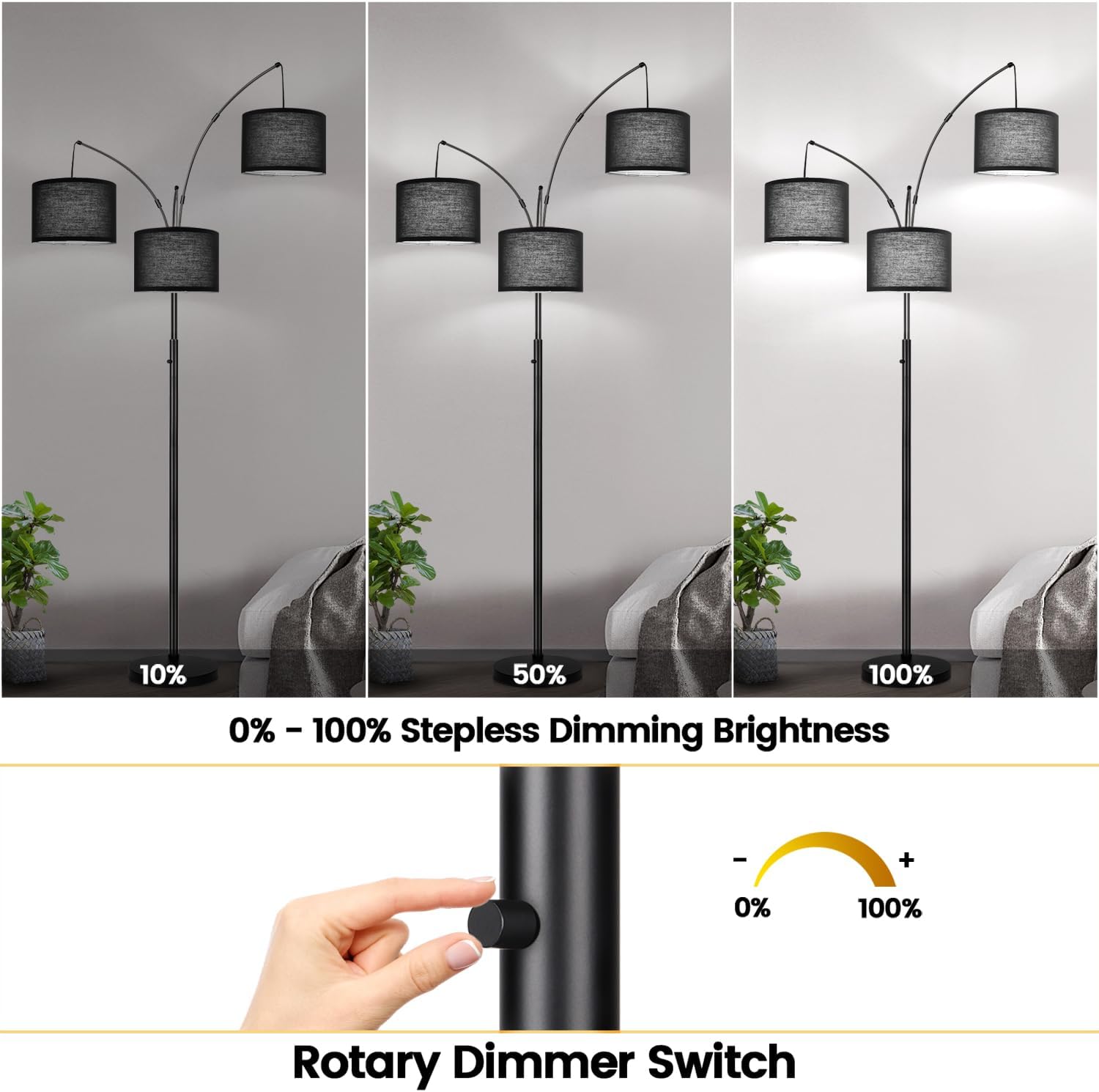 Dimmable Floor Lamp - 3 Lights Arc Floor Lamps for Living Room, 1000LM Modern Tall Standing Lamp With Black Shades & Heavy Base, Mid…