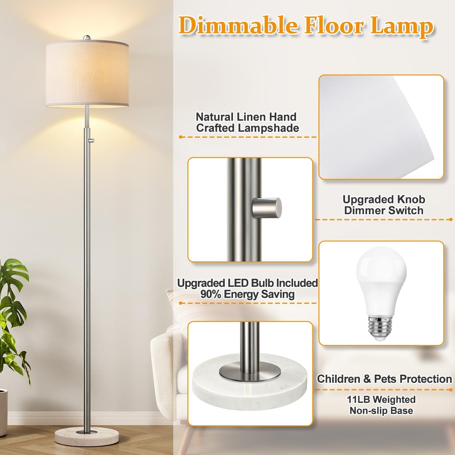 Upgraded】 Dimmable Floor Lamp for Living Room, 11W LED Bulb Included, Modern Standing Lamp with Marble Base, Tall Pole Light with Linen…