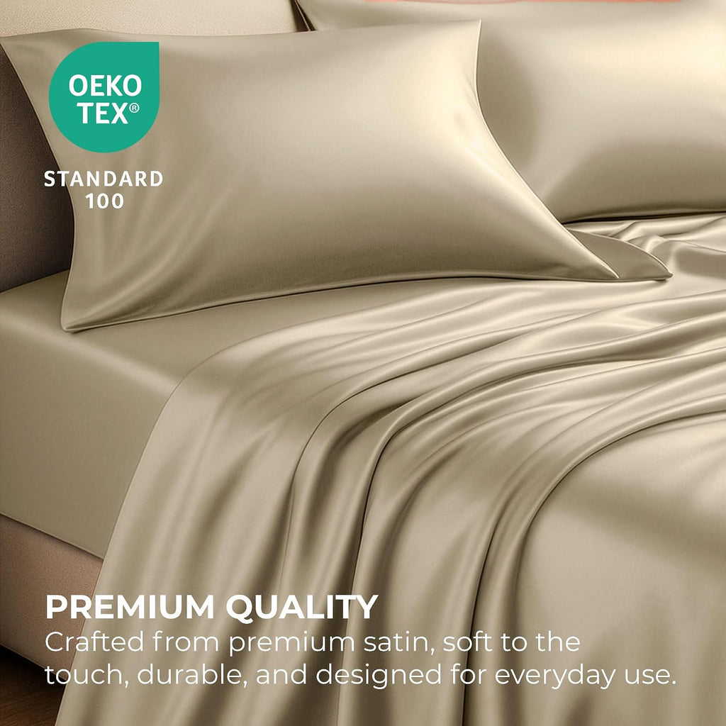 PureBedding Satin Sheets Twin [3-Piece, Champagne Gold] Hotel Luxury Silky Bed Sheets - Extra Soft 1800 Microfiber Sheet Set, Wrinkle, Fade…