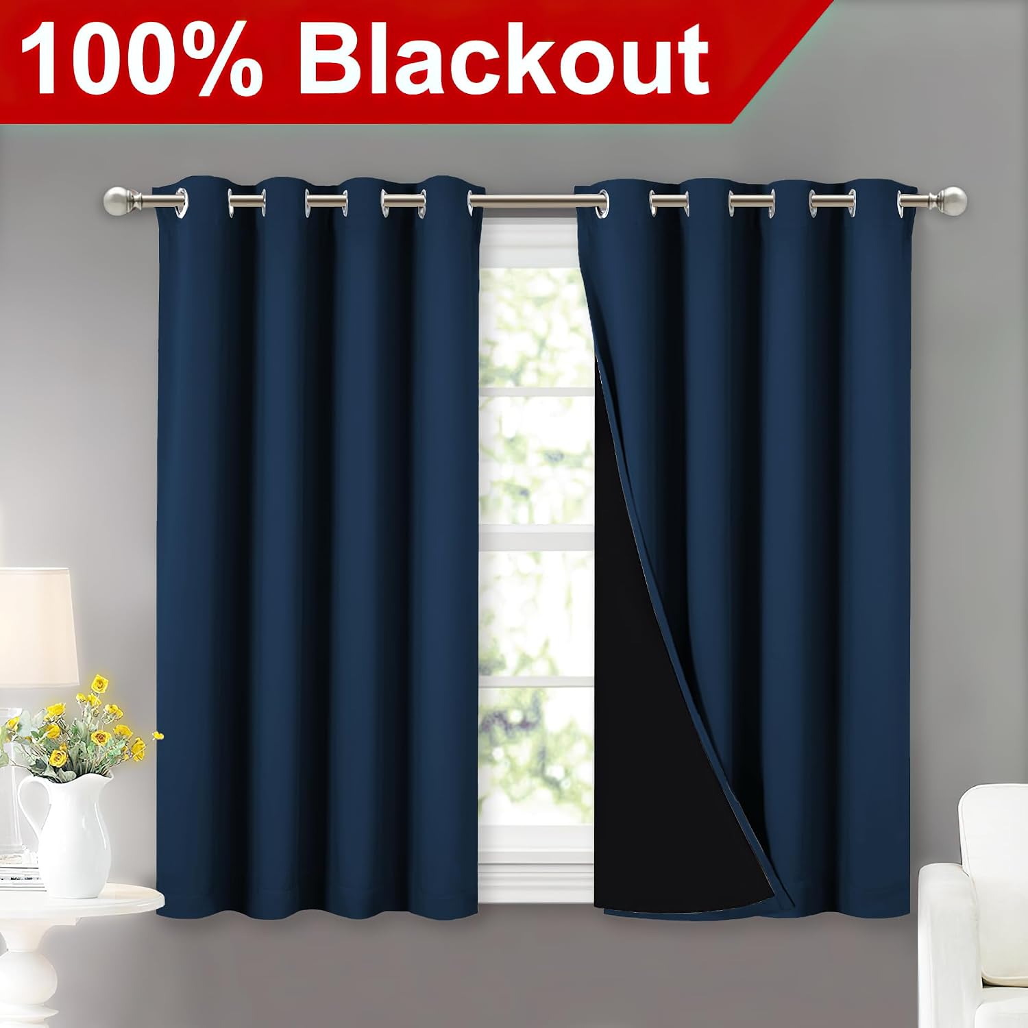 Nicetown 100% Blackout Curtains with Black Liners, Thermal Insulated Full Blackout 2-Layer Lined Curtains, Energy Efficiency Window Draperi…