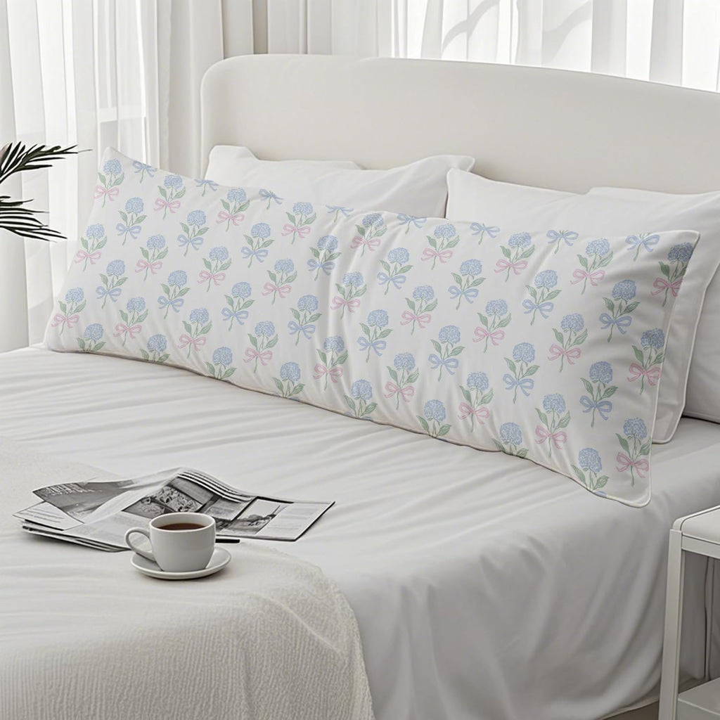 Coquette Pink and Blue Bow Hydrangea Floral 20x54 Body Pillow Cover, Coastal Grandma Decor, Cottagecore Blue and Green Botanical Flower…