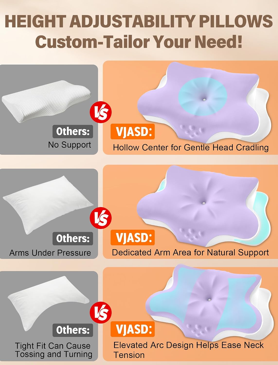Vjasd Cervical Neck Pillow for – Ergonomic Memory Foam Pillow for Side Sleeper Contour Orthopedic Bed Pillow for Neck Support with Cooling…