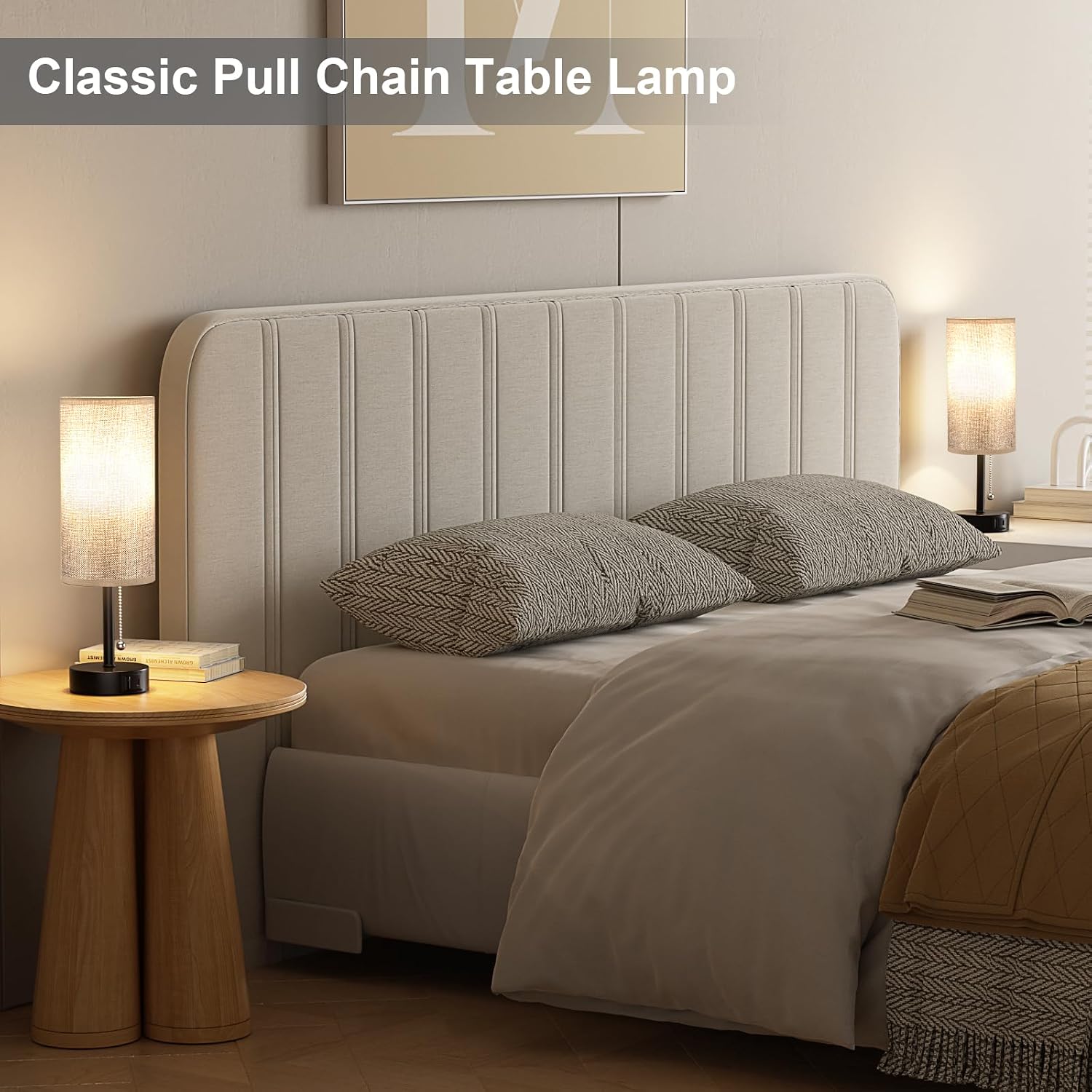 Grey Bedside Lamp for Bedroom Nightstand - Small Table Lamp with USB A + C Charging Port, 3 Color Temperatures Pull Chain Night Stand…