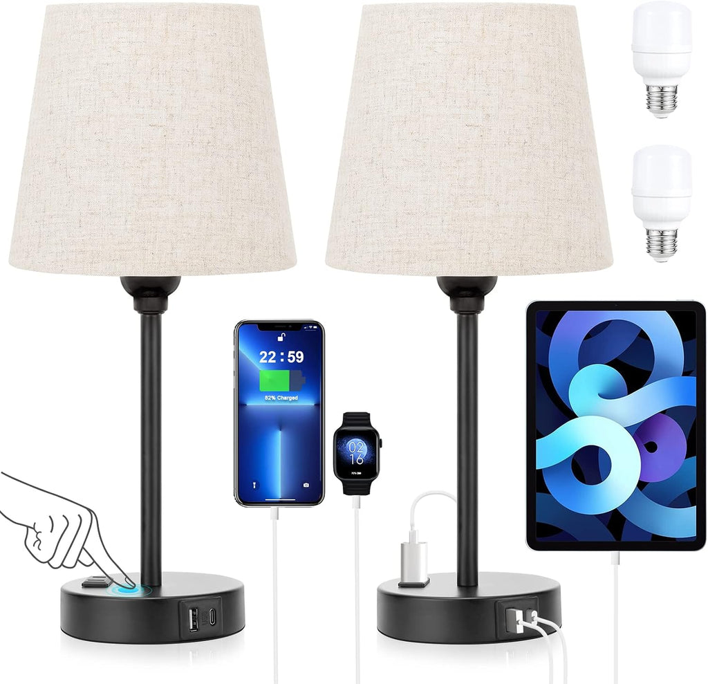 Mini Bedside Lamps for Bedrooms Set of 2 - Nightstand Bedroom Lamps with USB C Port and AC Outlet Charging, Dimmable Touch Small Bed Side…