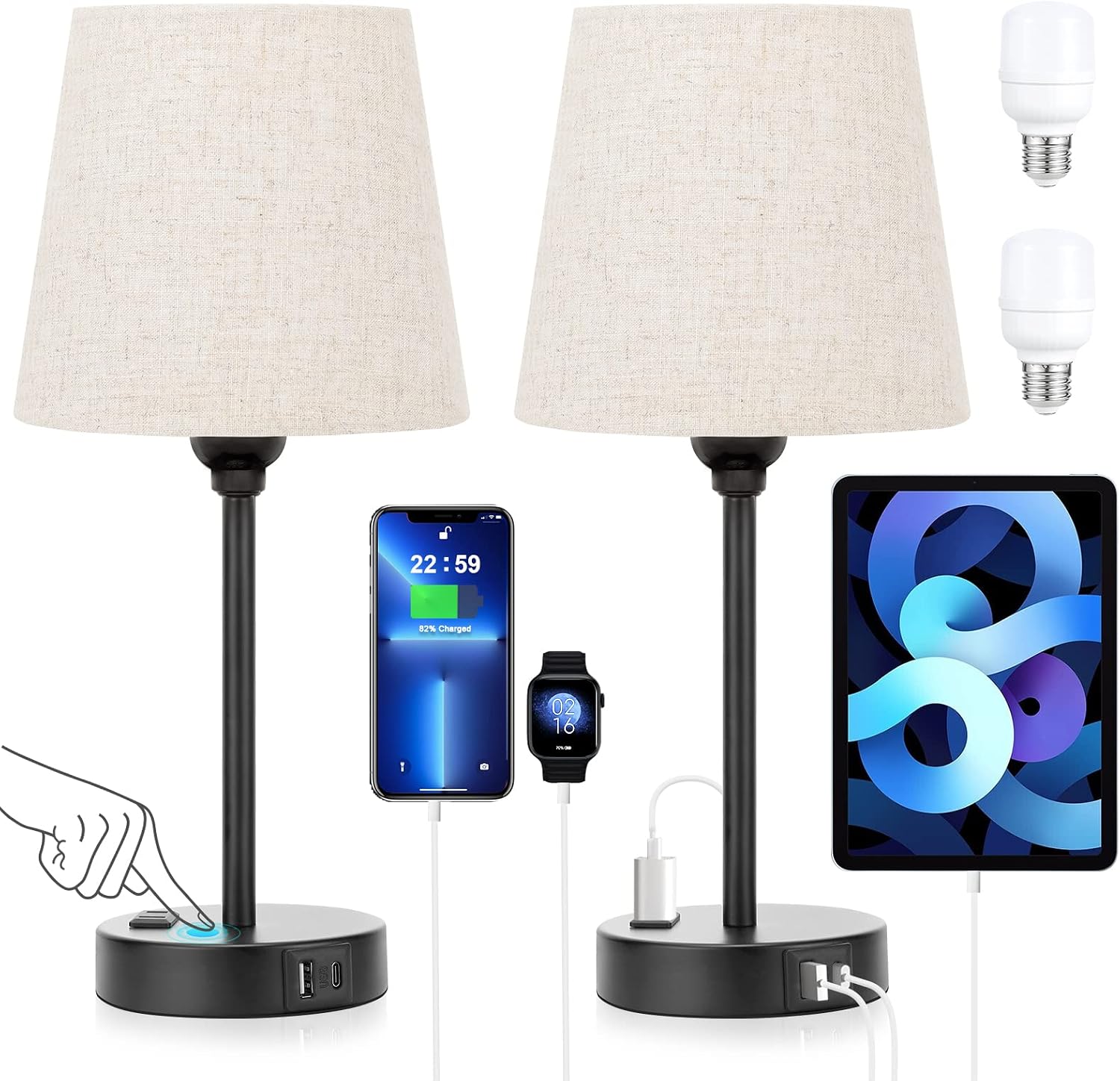 Mini Bedside Lamps for Bedrooms Set of 2 - Nightstand Bedroom Lamps with USB C Port and AC Outlet Charging, Dimmable Touch Small Bed Side…