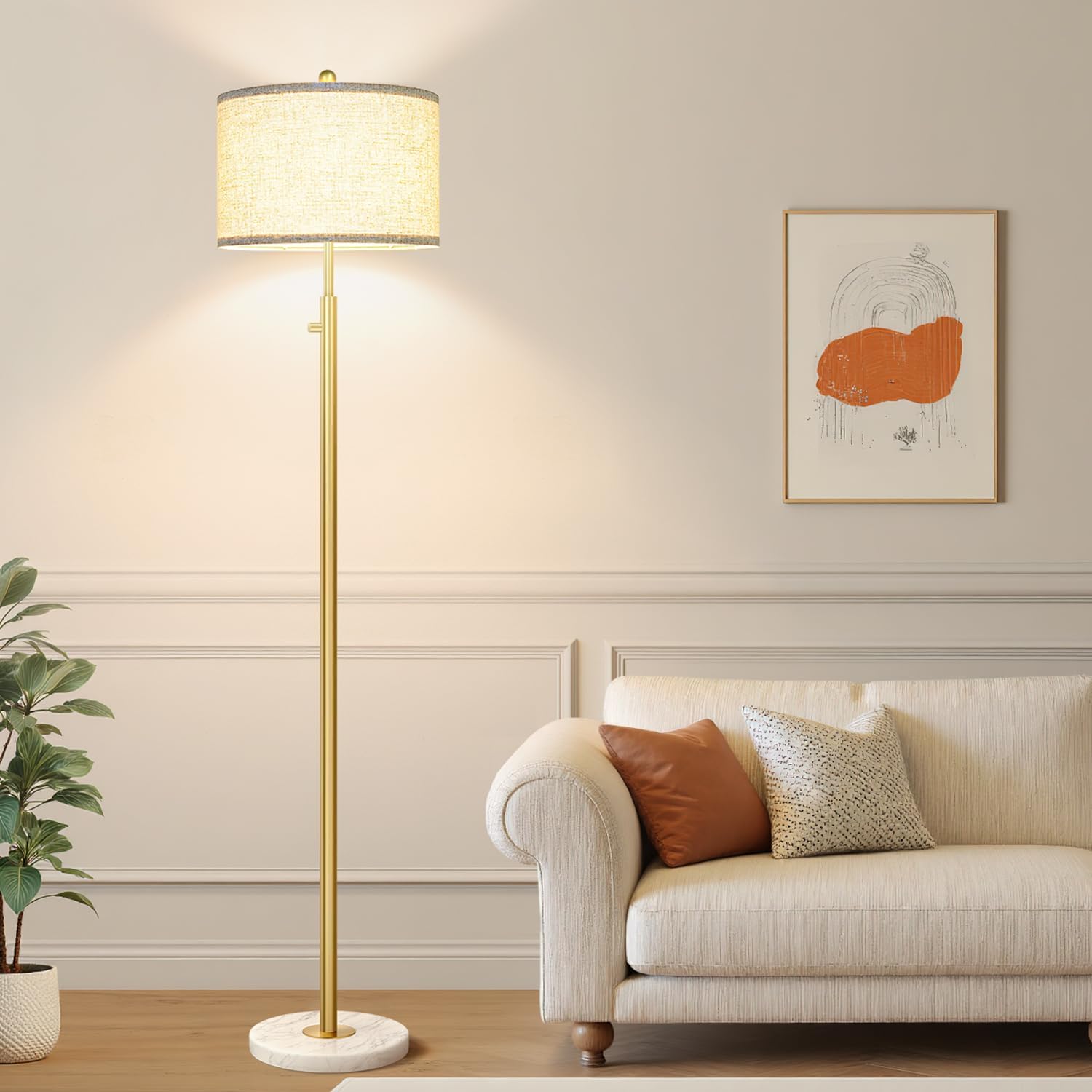 Upgraded】 Dimmable Floor Lamp for Living Room, 11W LED Bulb Included, Modern Standing Lamp with Marble Base, Tall Pole Light with Linen…