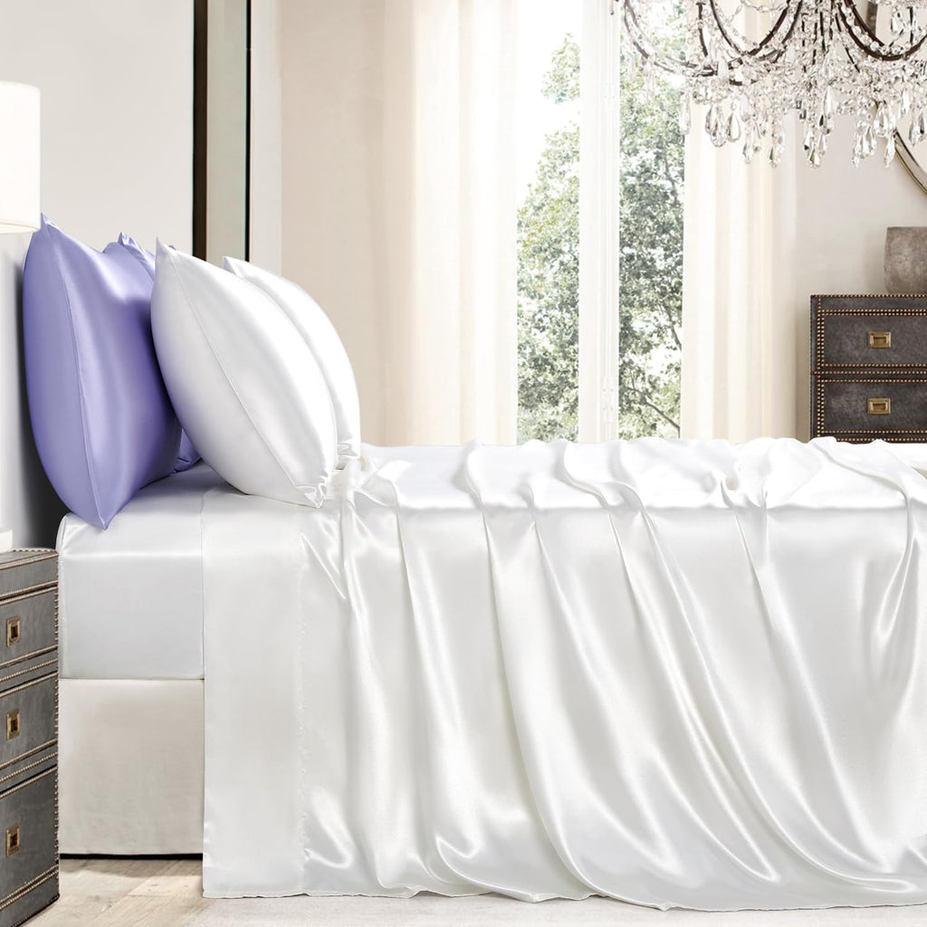 Golal Satin Sheets California King Size - 4 Pieces Luxury Silky Soft Bed Sheets, Wrinkle-Free White Satin Silk Sheet Set with 1 Deep Pocket…