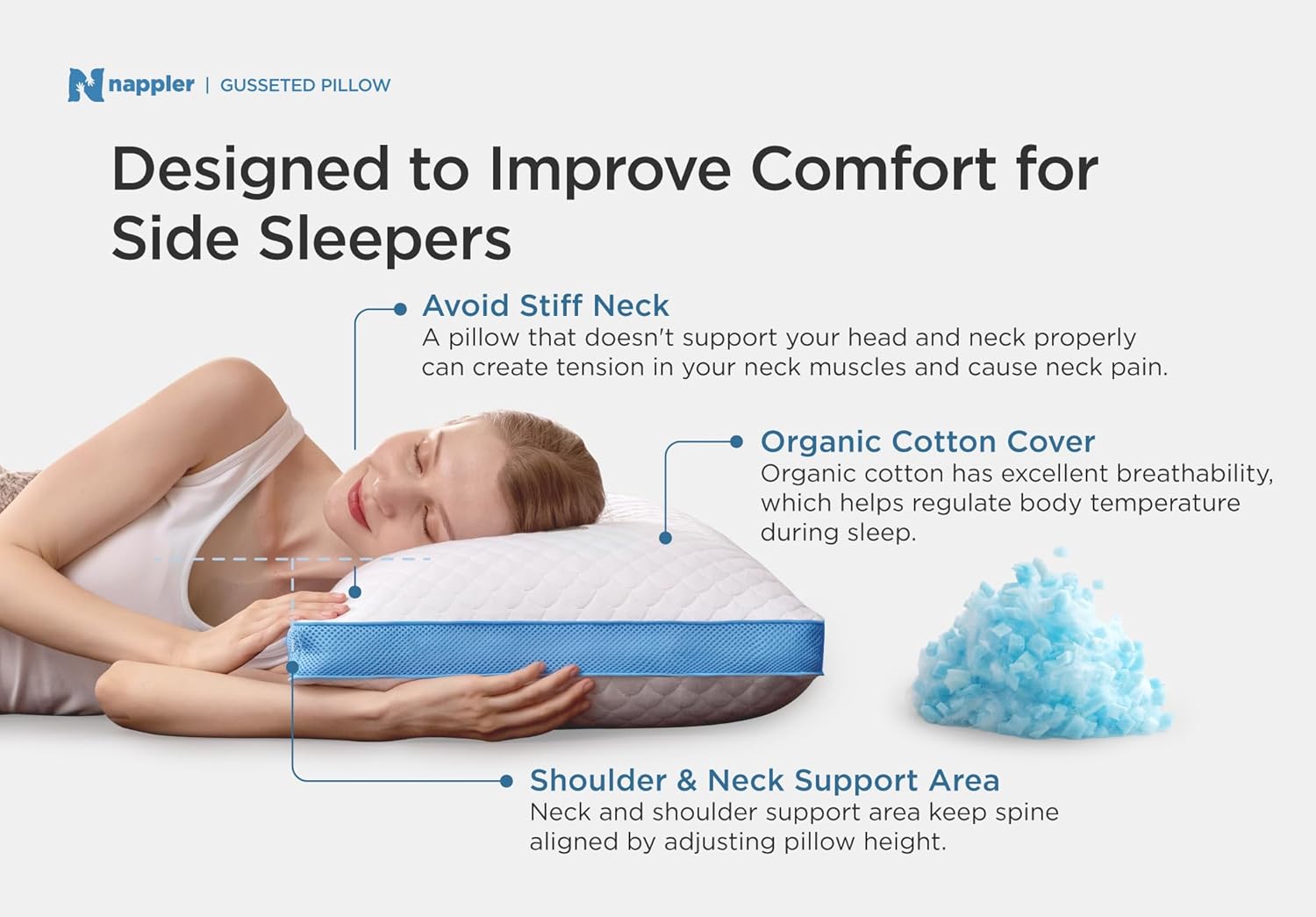 Nappler Side and Back Sleeper Pillow for Neck and Shoulder -Shredded Memory Foam Bed Pillow for Sleeping - 100% Adjustable Fill - Queen Siz…