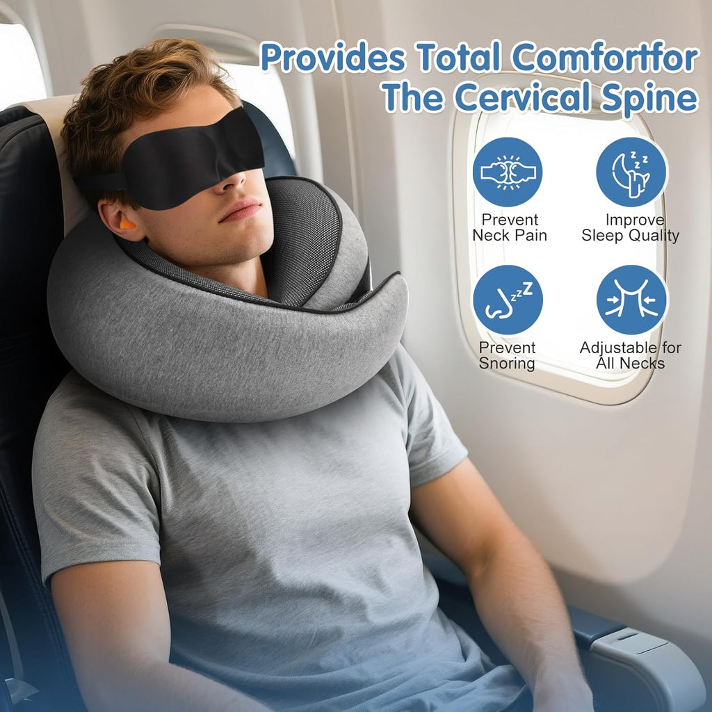 OrganizeItSimplifyYourSpac Travel Neck Pillow, Memory Foam Neck Support for Airplane, Car & Office, Breathable Portable Design with Eye Mas…