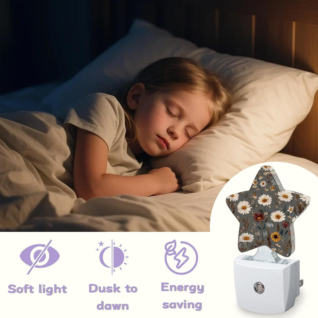 Brown Flowers Night Lights Plug Into Wall, White Floral Dusk to Dawn Light Sensor Night Light for Kids, Energy Efficient Sleep Friendly…