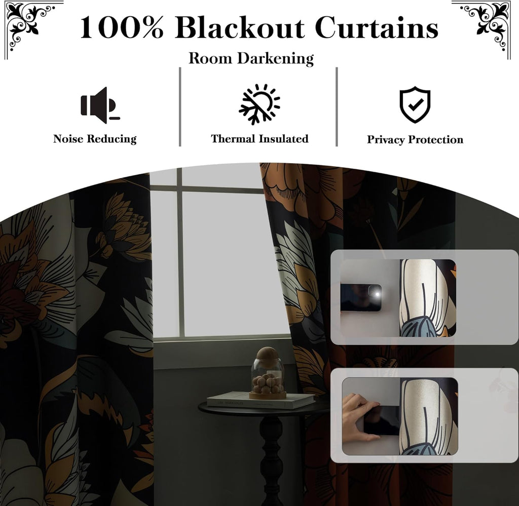 Tyrot Black Boho Floral 100% Blackout Curtains for Bedroom 72 inch Long 2 Panels Mid Century Botanical Black Out Curtains for Living Room…