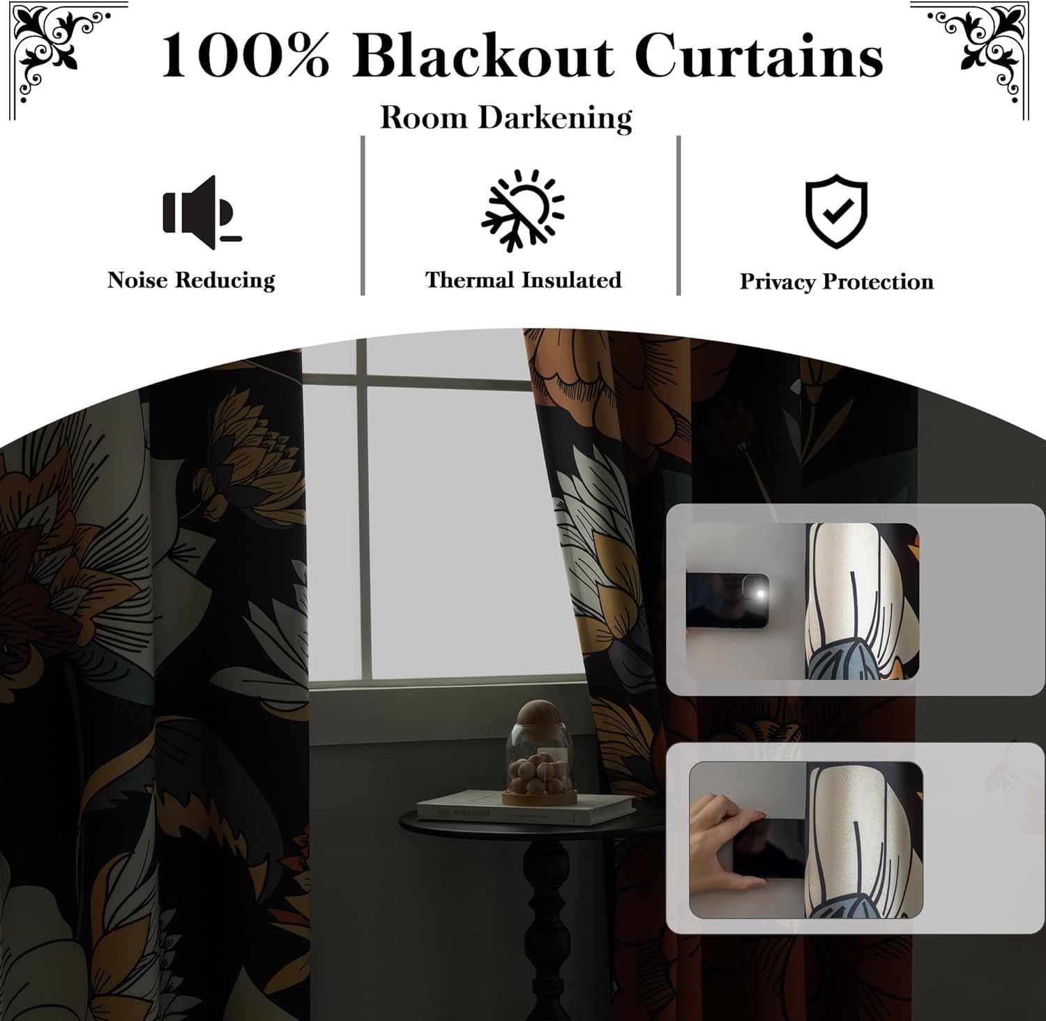 Tyrot Black Boho Floral 100% Blackout Curtains for Bedroom 72 inch Long 2 Panels Mid Century Botanical Black Out Curtains for Living Room…