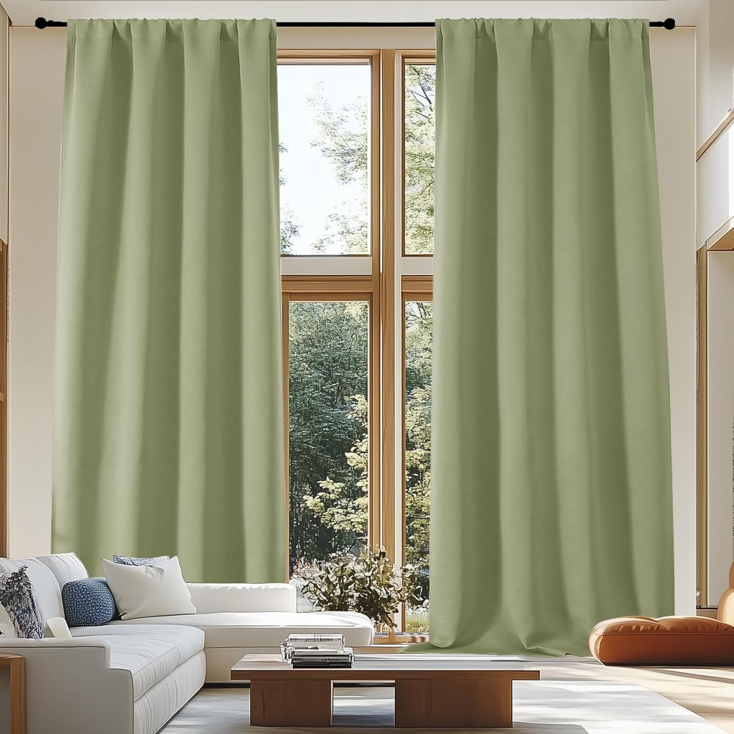 Simplebrand Ava Sage Green Extra Long 10ft Room Daekening Curtains for Patio 120 Inches Long 2 Panels Set, Solid Thermal Insulated Energy S…
