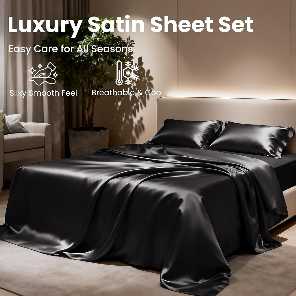 Lovescabin Love's cabin California King Satin Sheet Sets - 4 Piece Black Silky Sheets Bed Set with Deep Pocket, Luxury Silk Feel Satin Cal…