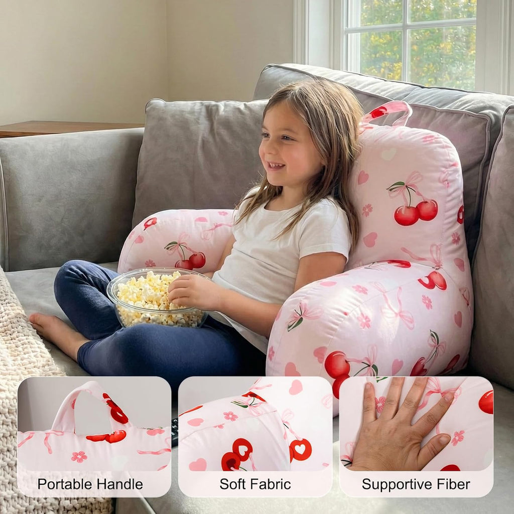 Holawakaka Kids Backrest Reading Pillow with Arms, Cherry Bowknot Print Plush Bed Rest Pillows for Teens Girls Sitting in Bed, Sofa…