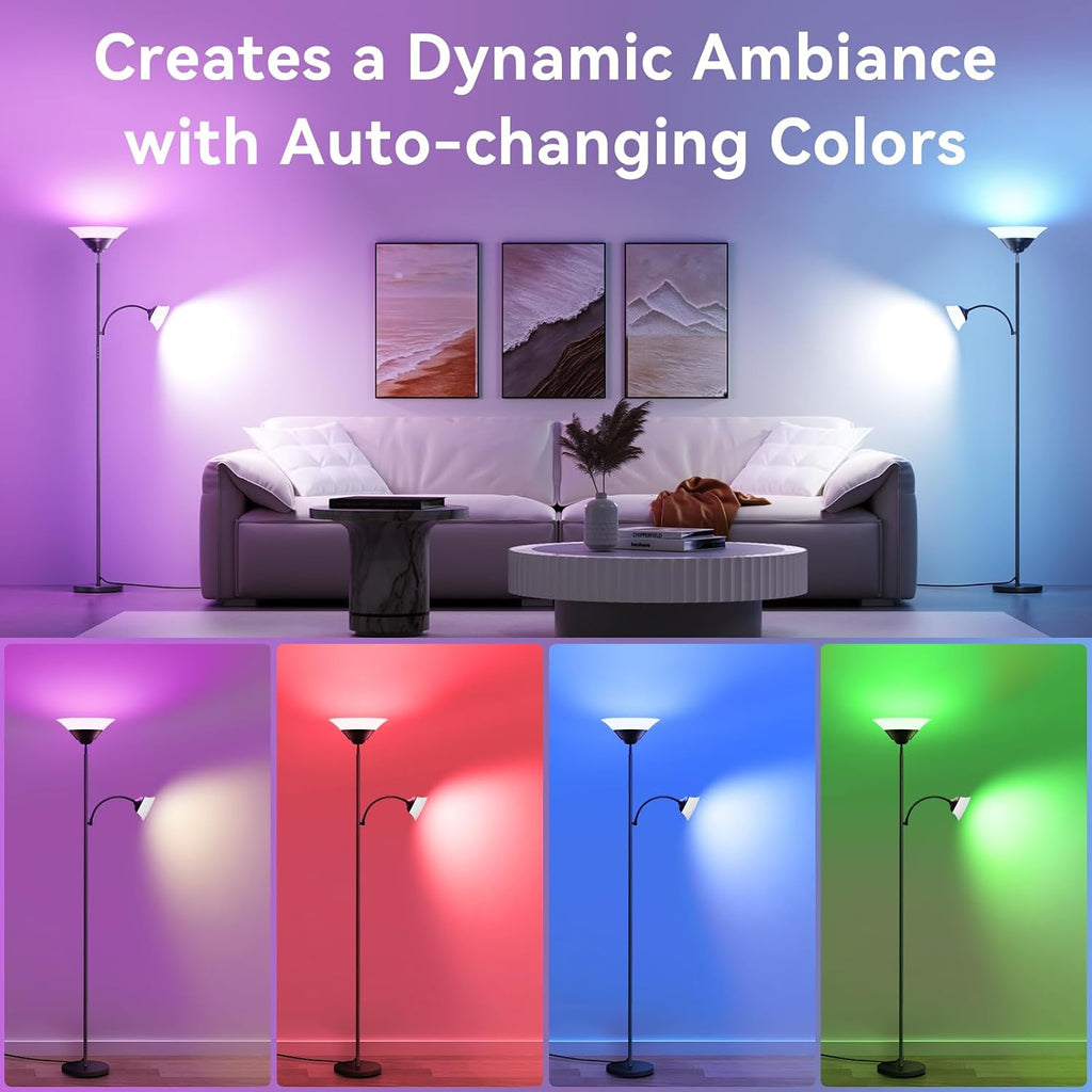 SIBRILLE RGB Torchiere Floor Lamp, 2-in-1 Dimmable Standing Lamp with Remote & Button Control, 34W 360° Rotatable LED Reading Lamp, 72"…
